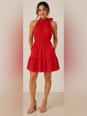 J.Crew NWT Red Halter Tie Mini Dress Pockets Tiered Hem Size 4